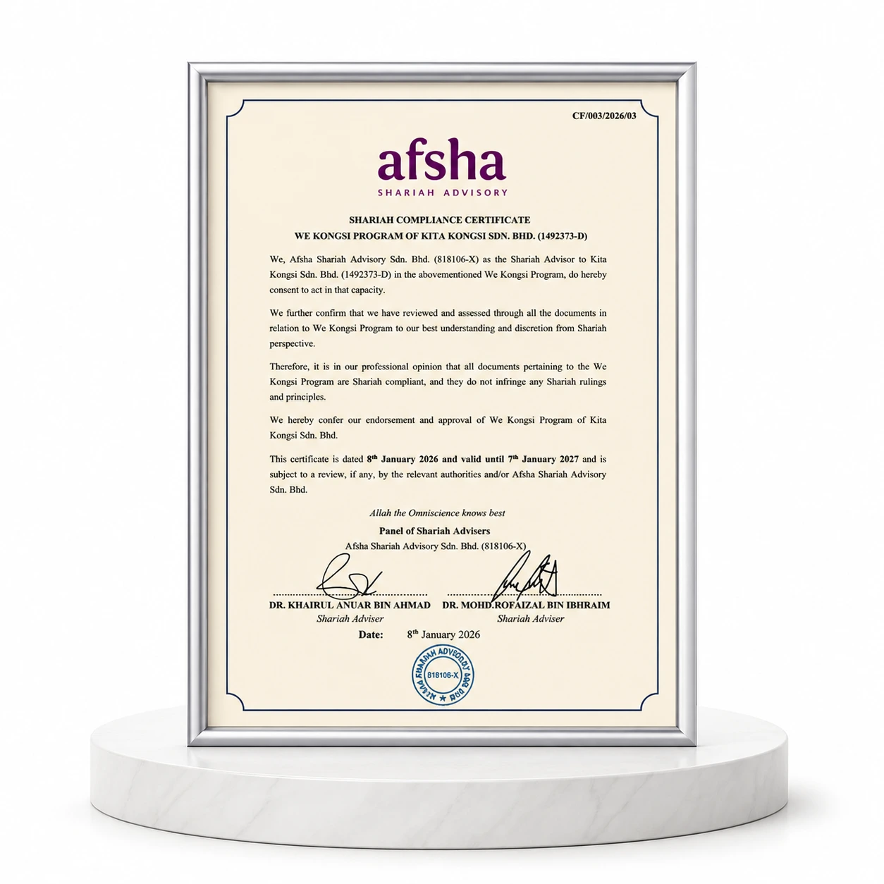 Afsha Shariah Compliance Certificate for the We Kongsi program