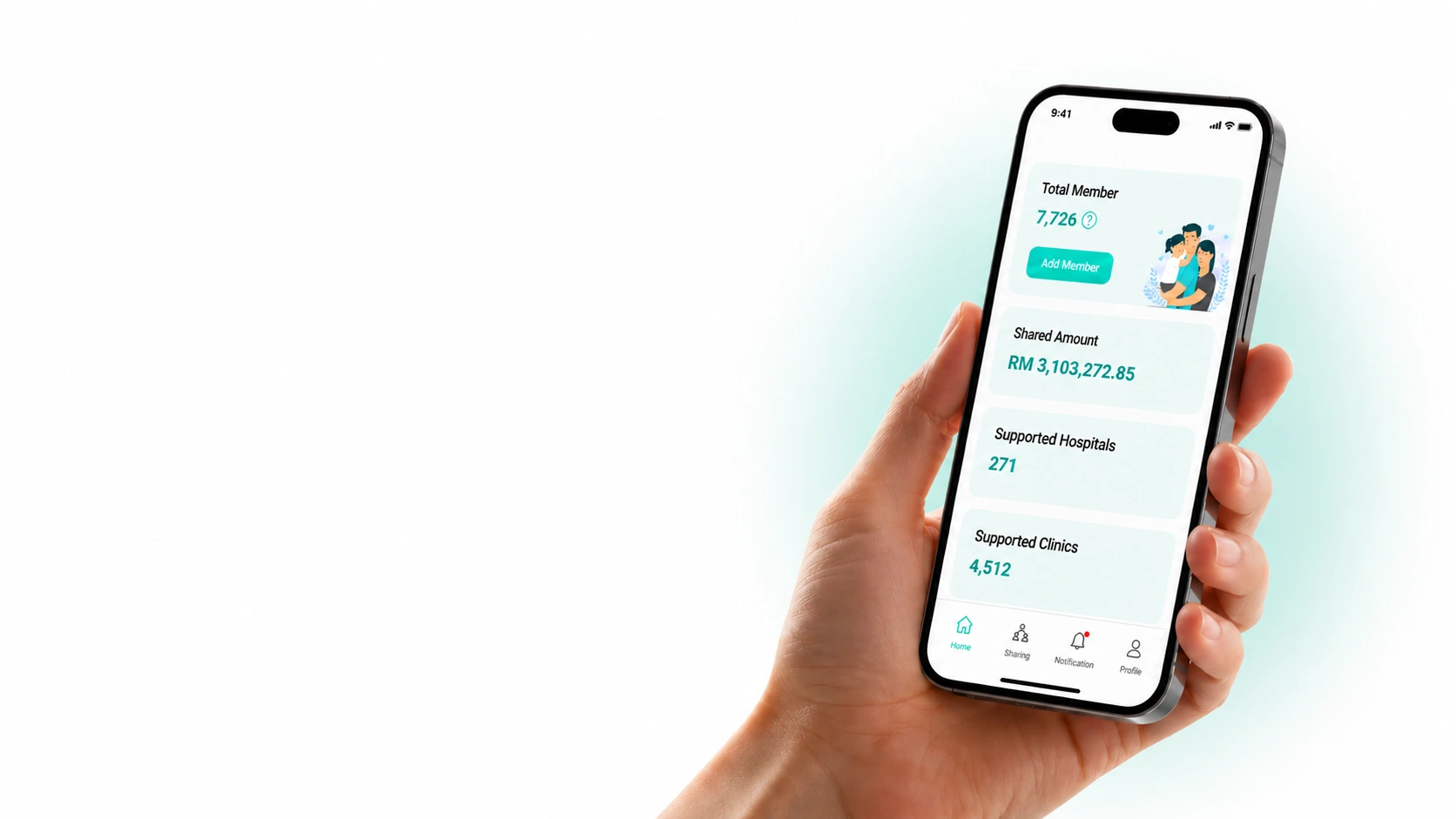 We Kongsi mobile app showing total members, shared amount, supported hospitals and clinics